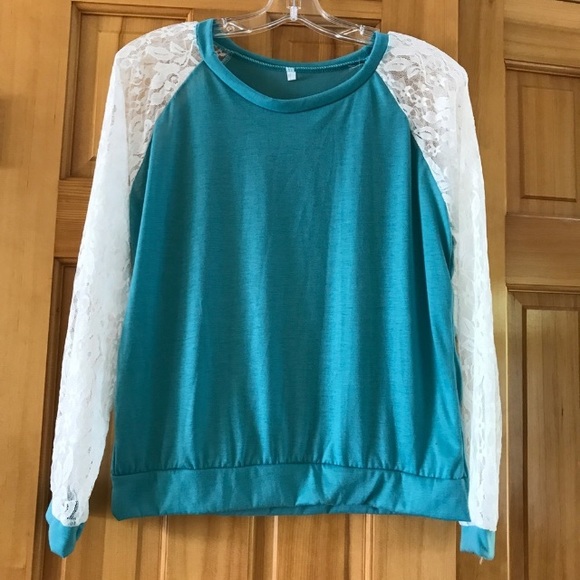 Brand New Teal Top with Lace Sleeves - Picture 2 of 8